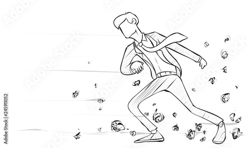 Businessman Walking Trough Strong Wind of Challenge, Doodle Illustration