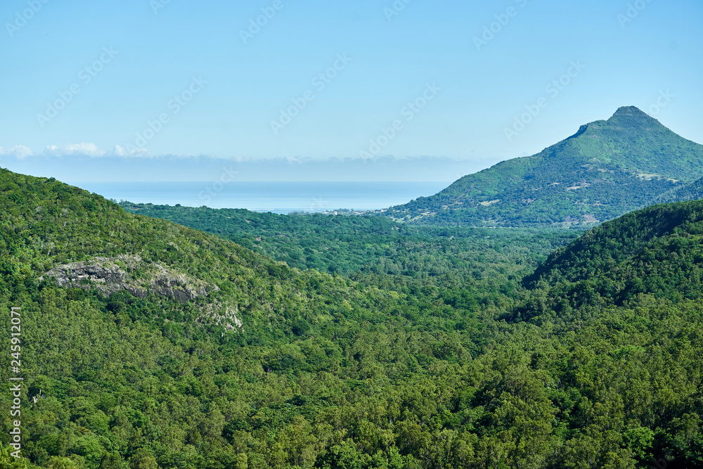 The view over Black River town, Mauritius from high up in the gorges.  Dense forest with a view over the ocean.