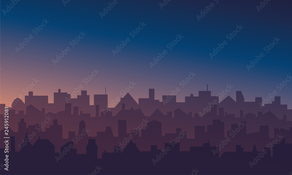 Night cityscape with sunrise or sunset background