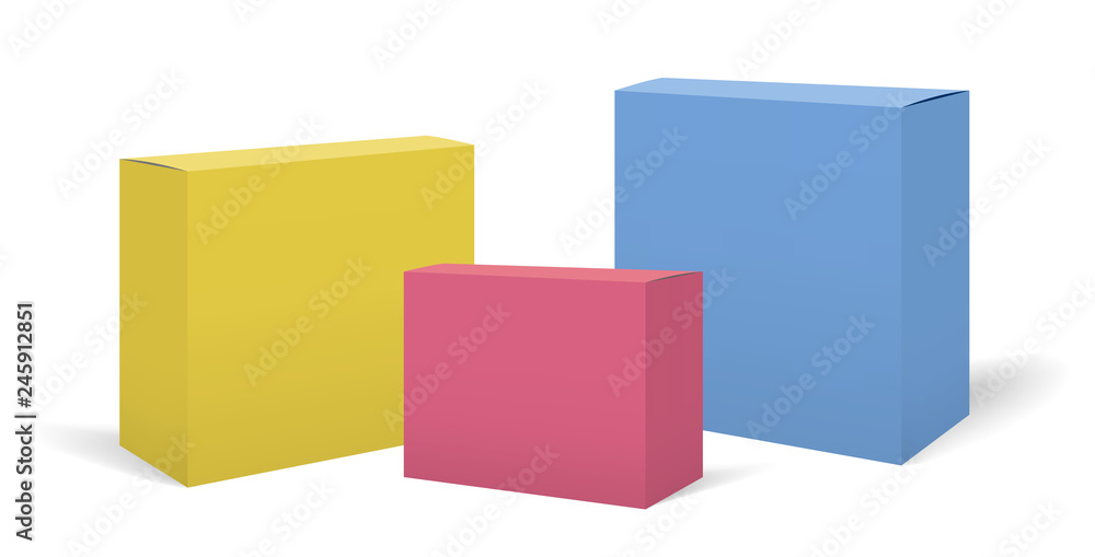 Set of vector realistic square boxes package mockups for your design. Blank rectangular yellow, blue and red container or cardboard templates for cosmetic, medicine, software, appliance products Set of vector realistic square boxes package mockups for your design. Blank rectangular yellow, blue and red container or cardboard templates for cosmetic, medicine, software, appliance products