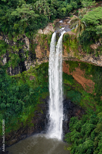 Chamarel Waterfall on the south of the island of Mauritius as seen from a helicopter.