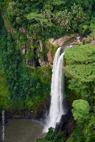 Chamarel Waterfall on the south of the island of Mauritius as seen from a helicopter.