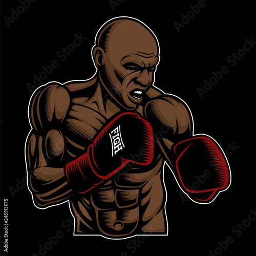 Coloured  illustration of box fighter on the dark background