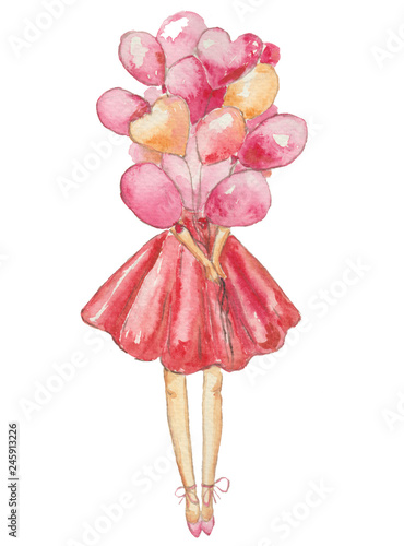 young woman girl with pink balloons isolated on white background watercolor © Анна Лукина