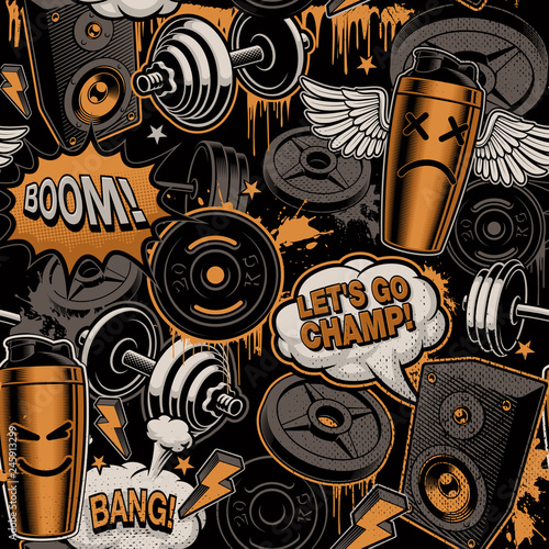 Seamless background for fitness theme in graffiti style
