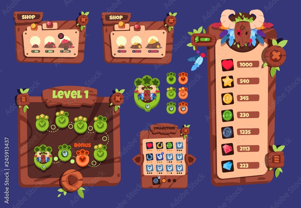 Cartoon game ui. Wooden elements and popup menu, buttons and icons. 2d game interface vector design. Illustration of game interface, cartoon gui menu Cartoon game ui. Wooden elements and popup menu, buttons and icons. 2d game interface vector design. Illustration of game interface, cartoon gui menu