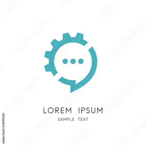 Chat and gear wheel logo - speech bubble or message and pinion symbol. Conversation technology, business communication and effective speaking, constructive dialogue and discussion vector icon.