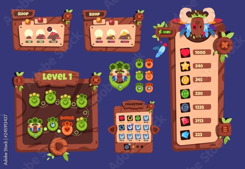 Cartoon game ui. Wooden elements and popup menu, buttons and icons. 2d game interface vector design. Illustration of game interface, cartoon gui menu