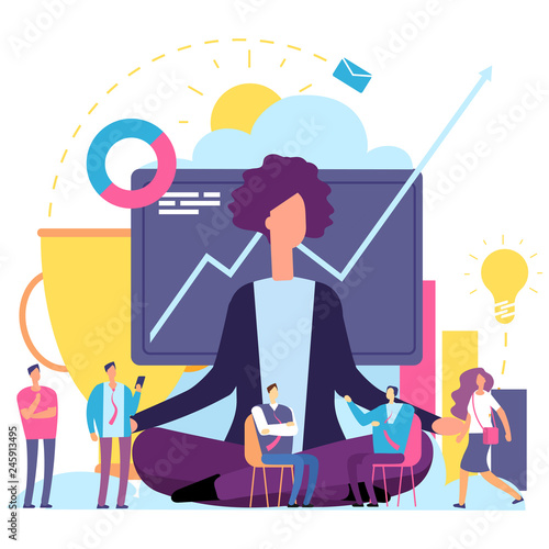 Meditation concept. Businesswoman in emotional mindfulness meditating of work process vector. Yoga office for business woman, pose relax illustration