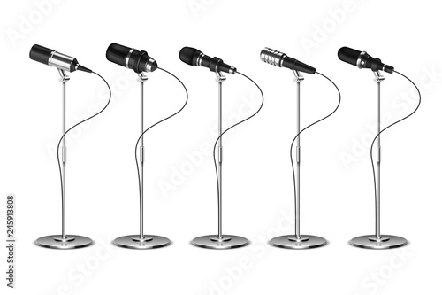 Microphones. Voice amplification audio equipment. Broadcast, concert and interview microphone on stand. Isolated vector set. Illustration of mic for speech, microphone record