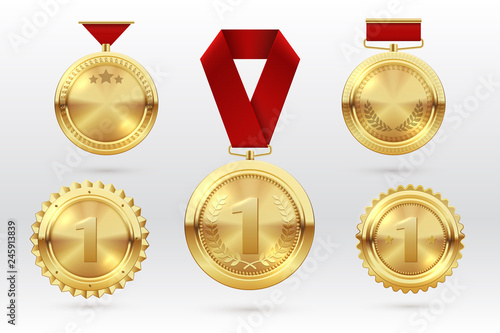 Gold medal. Number 1 golden medals with red award ribbons. First placement winner trophy prize. Vector set of golden award and medal trophy illustration photo