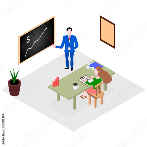 A businessman explains by drawing on a blackboard a chart of the company's development strategy by her employee to a manager sitting at a table with documents.