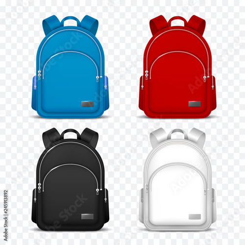 School rucksack. Kids backpacks. Front view travel bag for backpacking. 3d vector mockup isolated. Rucksack and backpack, bag school and schoolbag illustration