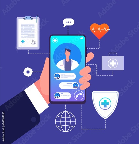 Online doctor concept. Medicine mobile phone app. Doctor consultant advices on smartphone screen. Telemedicine vector illustration. Online medicine consultation, care and diagnosis