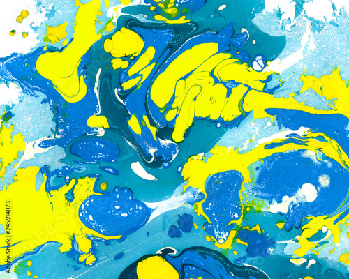 Abstract blue and yellow marbling  ebru backdrop