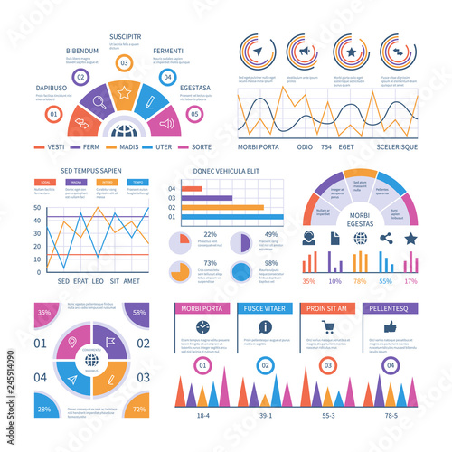 Infographic template. Dashboard, bar finance graphs, pie chart and line diagrams. Analytical vector infographics. Illustration of infographic and diagram, statistic flowchart and graph