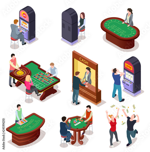 Casino isometric. Poker roulette table, slot machines in playing room. Nightclub entertainment casino gambling 3d vector set. Gambling casino 3d table illustration, roulette and poker