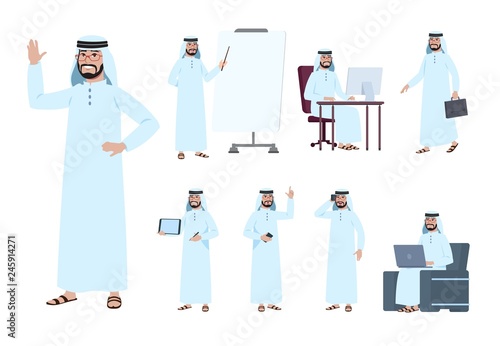 Arab businessman. Saudi business people character. Islam arabian male in business activity vector set. Business people saudi arab character illustration