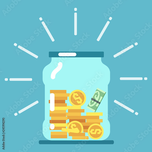 Flat money glass jar illustration. Saving money concept. Save moneybox, keep cash in glass bottle