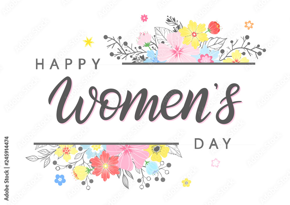 Women`s Day typography- hand painted lettering with different flowers and floral elements.Seasons greetings card perfect for prints,flyers,posters,holiday invitations and more.Vector 8 march card. Women`s Day typography- hand painted lettering with different flowers and floral elements.Seasons greetings card perfect for prints,flyers,posters,holiday invitations and more.Vector 8 march card.