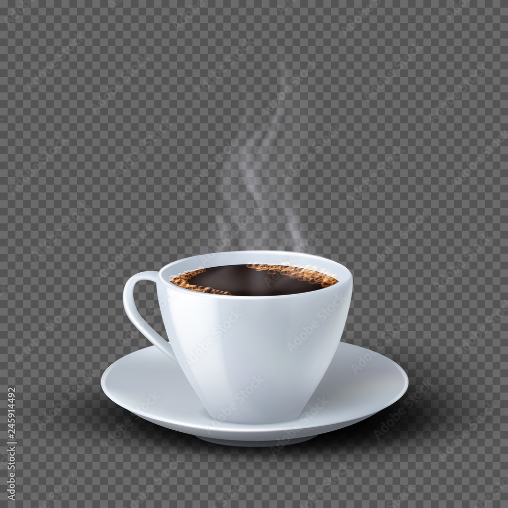 White realistic coffee cup with smoke isolated on transparent background. Coffee cup beverage, cafe breakfast illustration - obrazy, fototapety, plakaty 