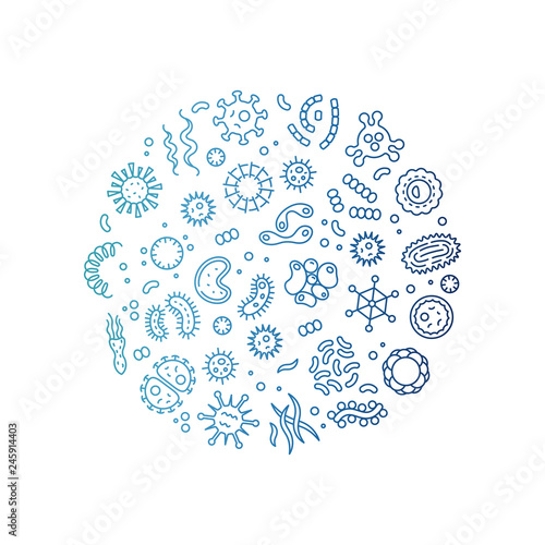 Microbes, viruses, bacteria, microorganism cells and primitive organism colorful line vector concept. Illustration of bacteria and virus, microbe line
