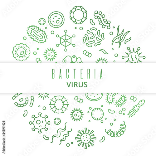 Outline vector microbes, viruses, bacteria, microorganism cells and primitive organism concept isolated on white. Illustration of microbe and virus, bacterium micro organism