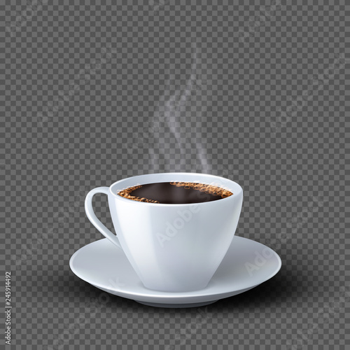 White realistic coffee cup with smoke isolated on transparent background. Coffee cup beverage, cafe breakfast illustration photo