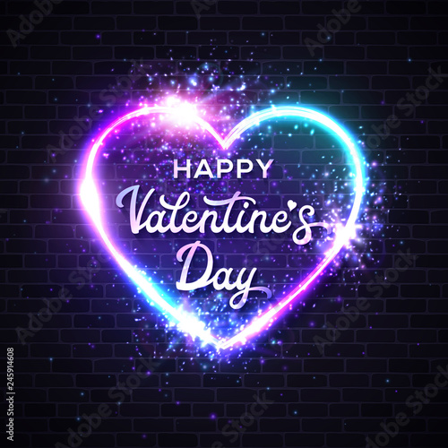 Valentines Day card with 3d graphic realistic heart shape neon sign. Greeting card template decoration and covering on brick wall background. Hand lettering card. Bright heart vector illustration.