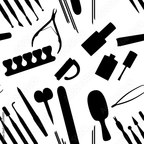 Black silhouette. Seamless pattern. Manicure tools vector set. Black icon collection. Tools for beauty salon or for cosmetics bag, Flat vector illustration on white background