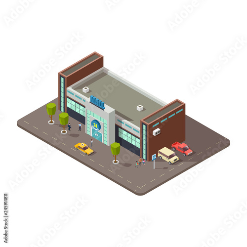 3D mall or shopping center with people, taxi and parking with cars vector illustration. Mall 3d and business shop isometric