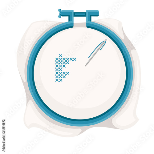 Embroidery hoop for cross-stitch sewing. Blue plastic hoop, stainless steel needle with blue thread. Flat vector illustration isolated on white background