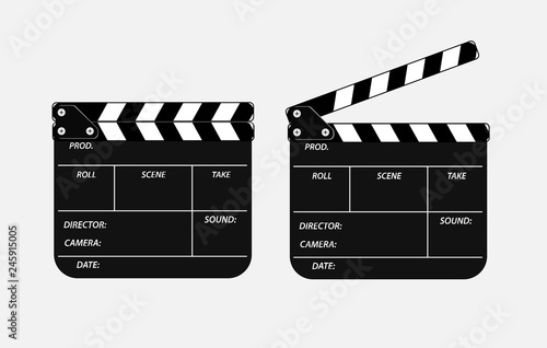 Two movie clappers open and close isolated on white background. 3d realistic movie clapperboard. Black cinema slate board view close up, for filmmaking and video production. Film industry equipment