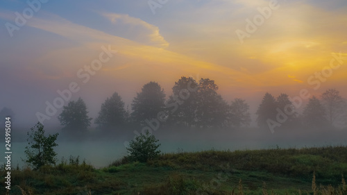 Morning dawn over a forest lake covered with blue swirling mist. Scarlet paints of dawn make their way through the fog, illuminating the grass and bushes growing on the nearby shore