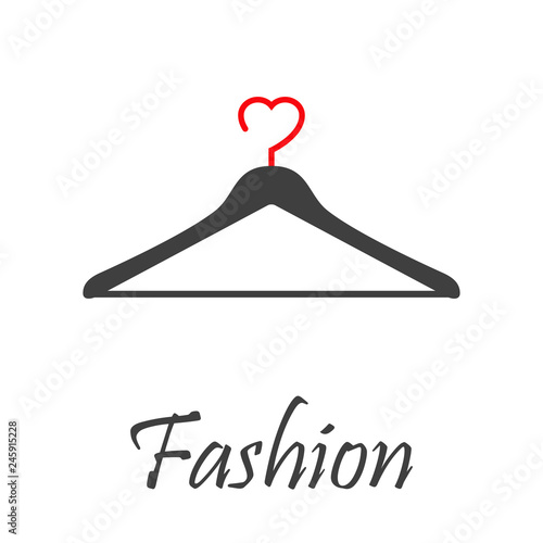Logotipo abstracto con texto Fashion con percha color gris y corazón color rojo