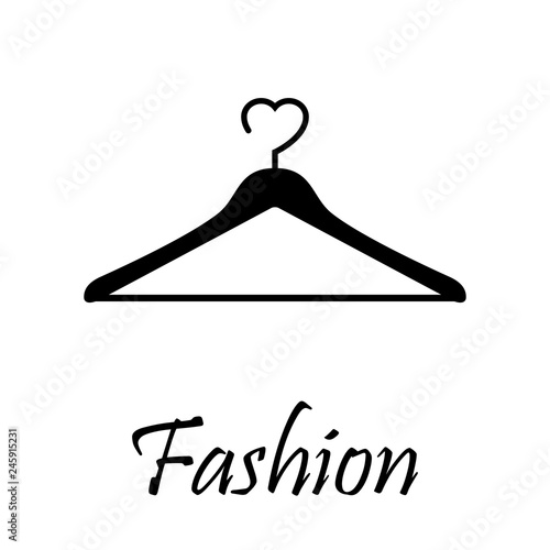 Logotipo abstracto con texto Fashion con percha y corazón en color negro