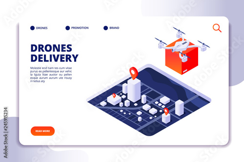 Drone logistics isometric concept. Future delivery technology, shipment with unmanned drones and quadcopter. Vector landing page transportation delivery, isometric drone service illustration