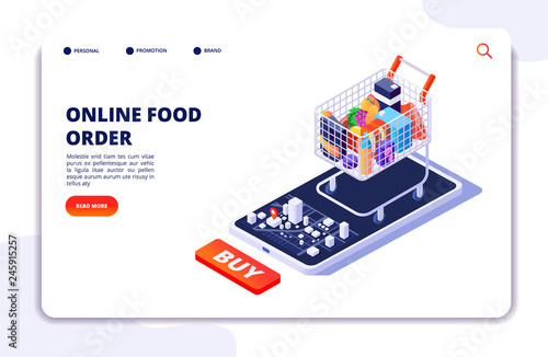 Grocery food delivery. Online order with mobile app. Internet food restaurant isometric concept. Delivery isometric from shop food illustration