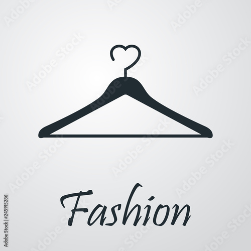 Logotipo abstracto con texto Fashion con percha y corazón en fondo gris