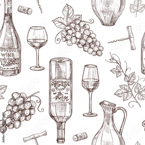 Sketch wine seamless pattern. Wine bottles wineglass corkscrew and grape. Winery, restaurant vector menu texture. Illustration of alcohol drink wine, sketch pattern with bottle