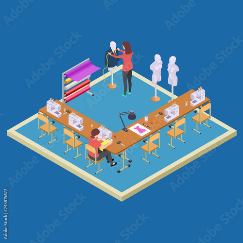 Coworking space for designers. Isometric atelier class vector concept. Illustration of atelier with dressmaker, studio of workshop