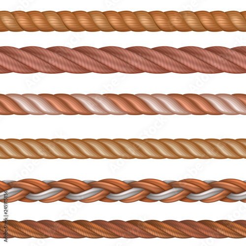 Realistic seamless rope and nautical cables vector set isolated on white background. Illustration of twisted fiber and cord string