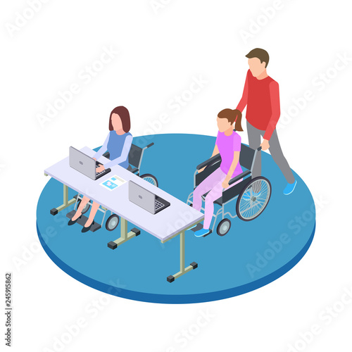 Socialization and education of people with disabilities isometric vector concept. Education woman with medical disability illustration