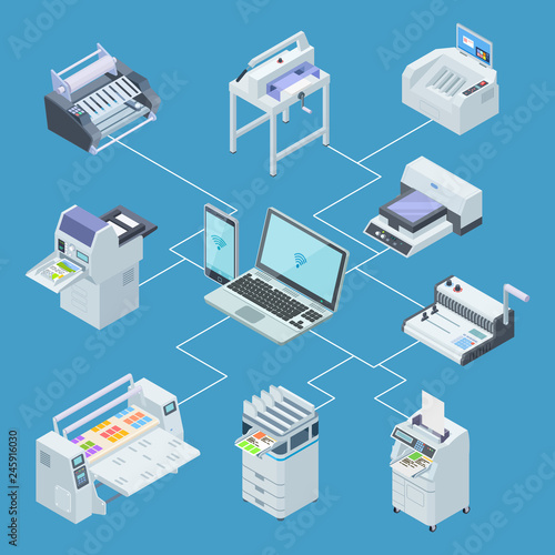 Modern printing house equipment. Printer plotter, offset cutting machines isometric vector concept. Illustration of control processing from laptop, scanning and plotter