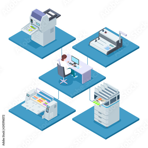 Printing house with woman opertator isometric vector concept. Woman control processing printer and multifunction electronic printshop illustration