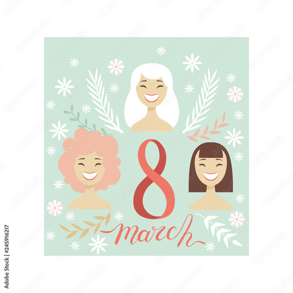 8 March Greeting Card with Smiling Happy Women, Party Invitation, Festive Banner 8 March Greeting Card with Smiling Happy Women, Party Invitation, Festive Banner