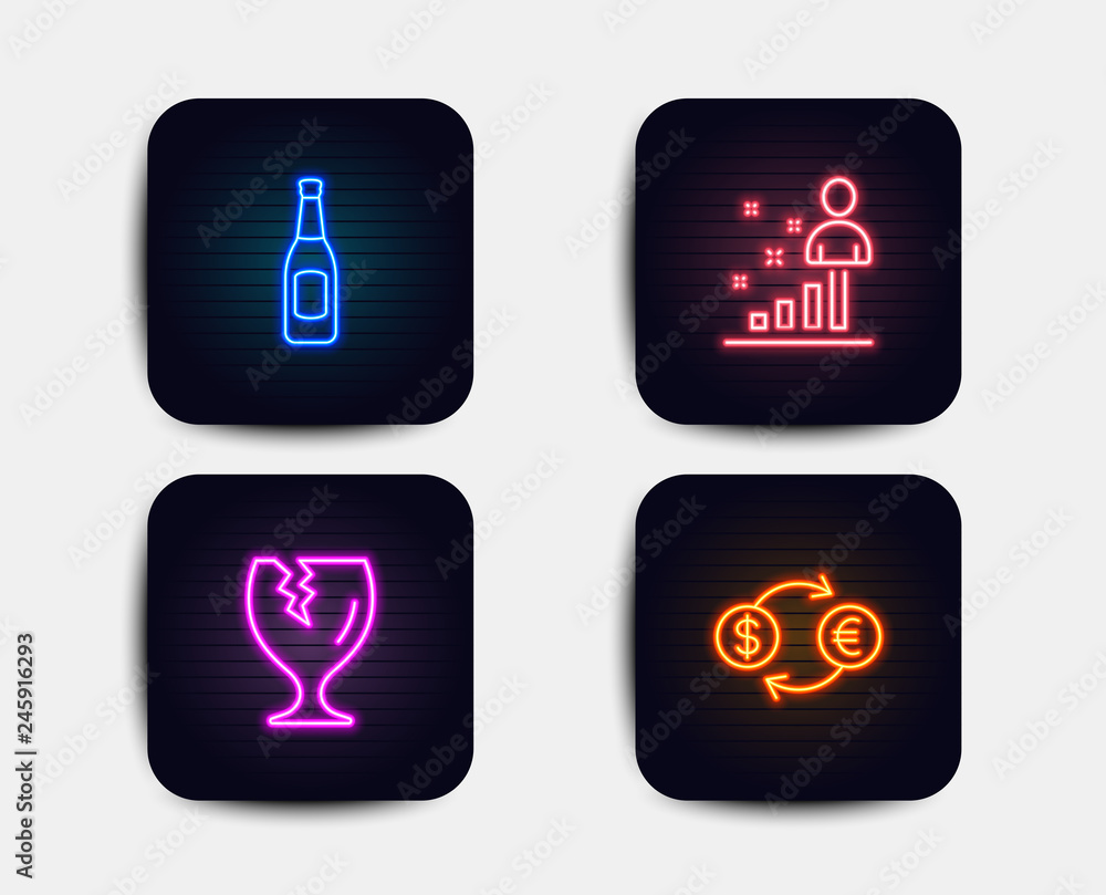 Neon set of Fragile package, Beer and Stats icons. Currency exchange sign. Safe shipping, Pub alcohol, Business analysis. Banking finance. Neon icons. Glowing light banners. Vector