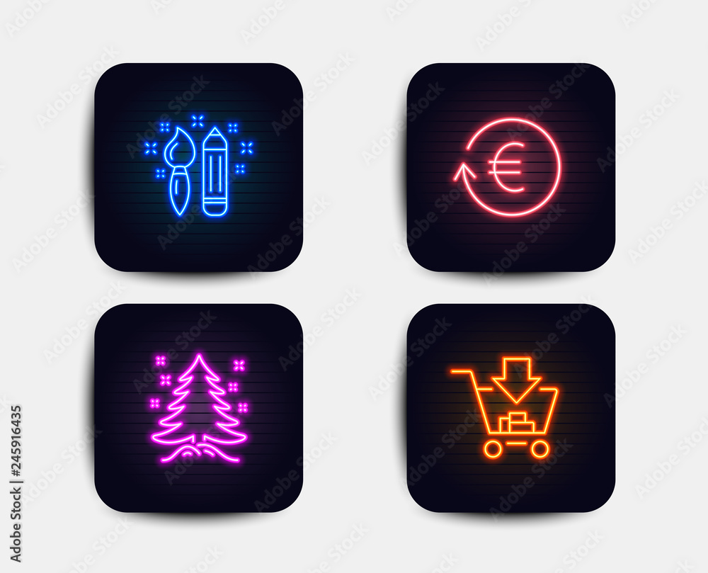 Neon set of Creativity, Christmas tree and Exchange currency icons. Shopping sign. Graphic art, Spruce, Reshresh exchange rate. Add to cart. Neon icons. Glowing light banners. Vector Neon set of Creativity, Christmas tree and Exchange currency icons. Shopping sign. Graphic art, Spruce, Reshresh exchange rate. Add to cart. Neon icons. Glowing light banners. Vector