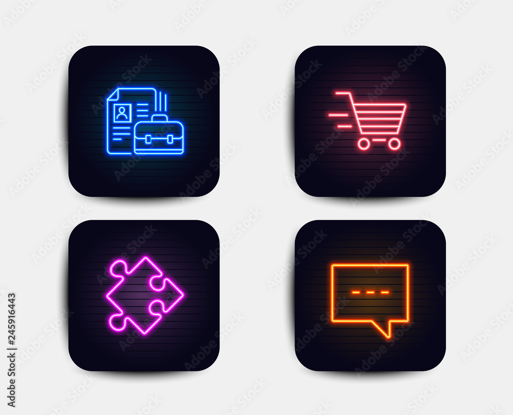 Neon set of Delivery shopping, Strategy and Vacancy icons. Blog sign. Online buying, Puzzle, Hiring job. Chat message. Neon icons. Glowing light banners. Vector Neon set of Delivery shopping, Strategy and Vacancy icons. Blog sign. Online buying, Puzzle, Hiring job. Chat message. Neon icons. Glowing light banners. Vector