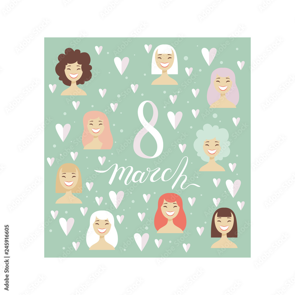 8 March Greeting Card with Smiling Women, Party Invitation, Festive Banner, Spring or Summer Design Vector Illustration 8 March Greeting Card with Smiling Women, Party Invitation, Festive Banner, Spring or Summer Design Vector Illustration